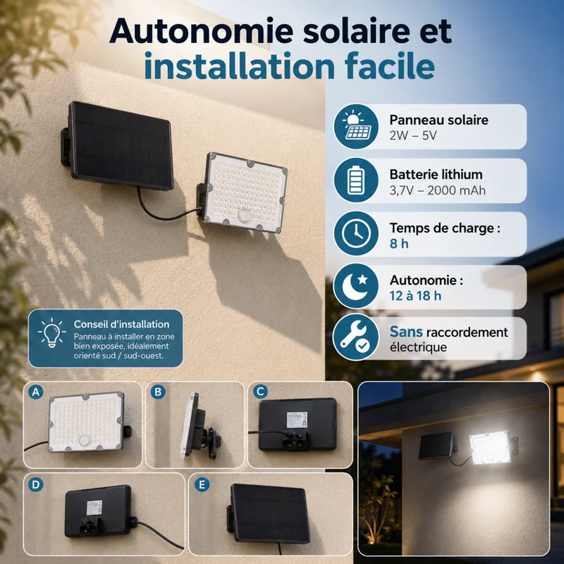 Pack de 10 - Projecteur Led Solaire Extérieur 9W IP65 3-CCT Détecteur de Lumière et de Mouvement