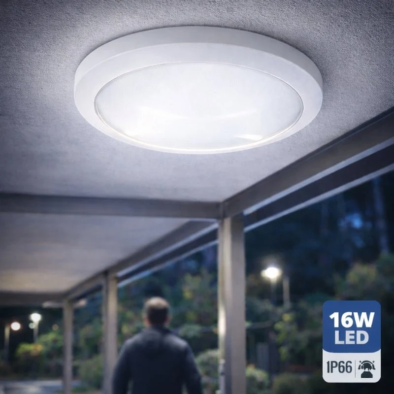 Plafonnier LED 16W Blanc Rond Détecteur de Mouvement IP66 Batterie de secours