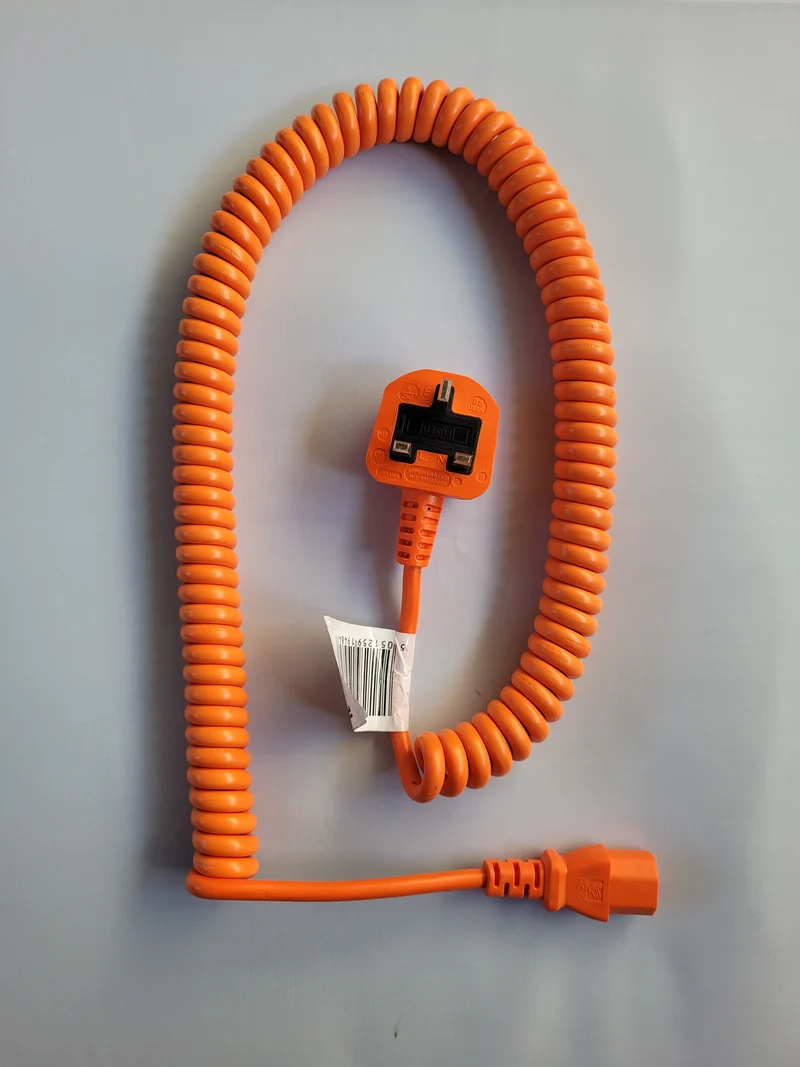 600mm PVC Coiled Kettle Lead UK Mains Power Plug to IEC C13 (In Orange, White or Black)