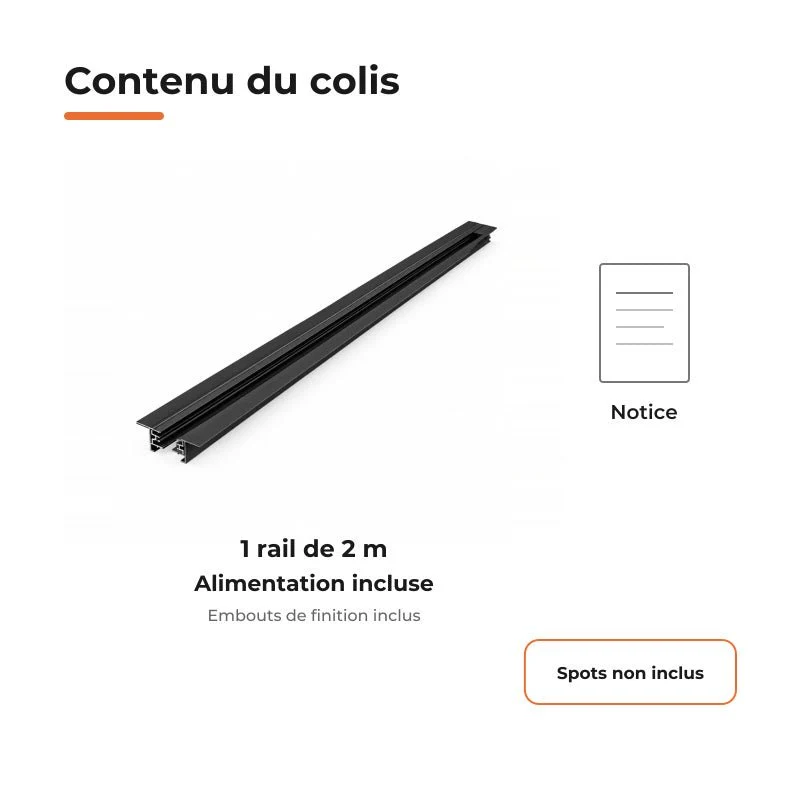Rail Encastrable Monophasé Plat 2m Noir