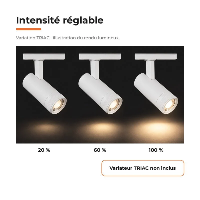 Spot LED sur Rail Blanc Angle Ajustable Monophasé 30W 15-60° CCT TRIAC Dimmable - 3000K/4000K/6000K