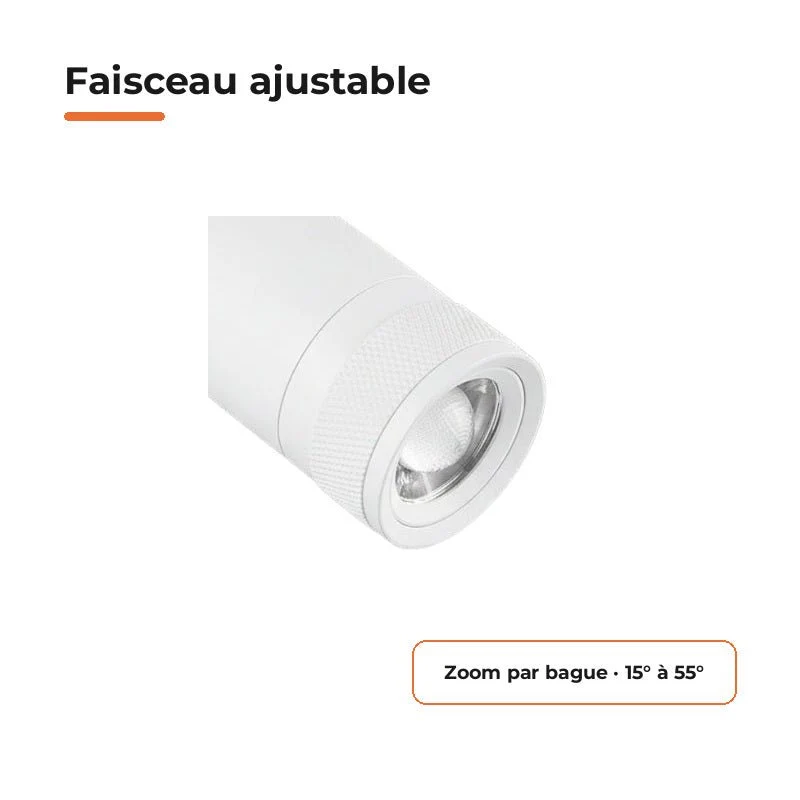 Spot LED sur Rail Blanc Angle Ajustable Monophasé 30W 15-60° CCT TRIAC Dimmable - 3000K/4000K/6000K