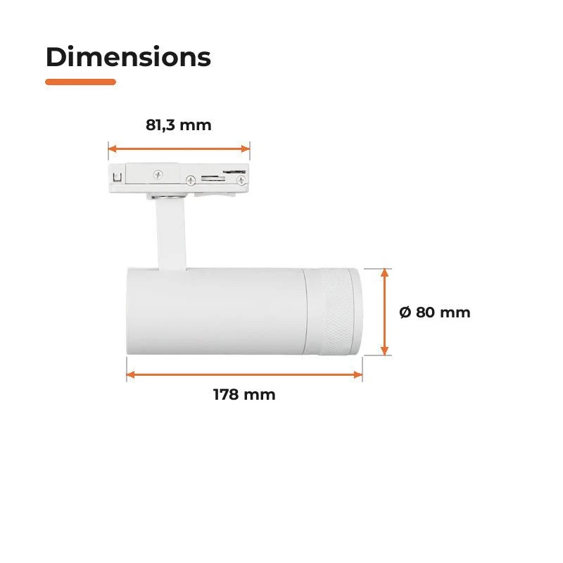 Spot LED sur Rail Blanc Angle Ajustable Monophasé 30W 15-60° CCT TRIAC Dimmable - 3000K/4000K/6000K