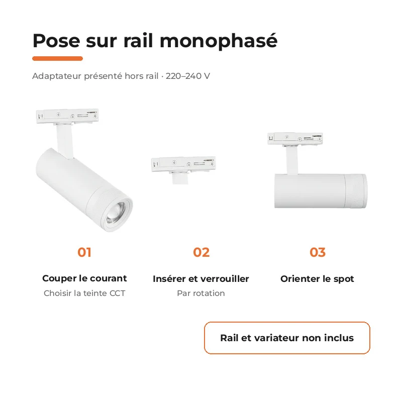 Spot LED sur Rail Blanc Angle Ajustable Monophasé 30W 15-60° CCT TRIAC Dimmable - 3000K/4000K/6000K