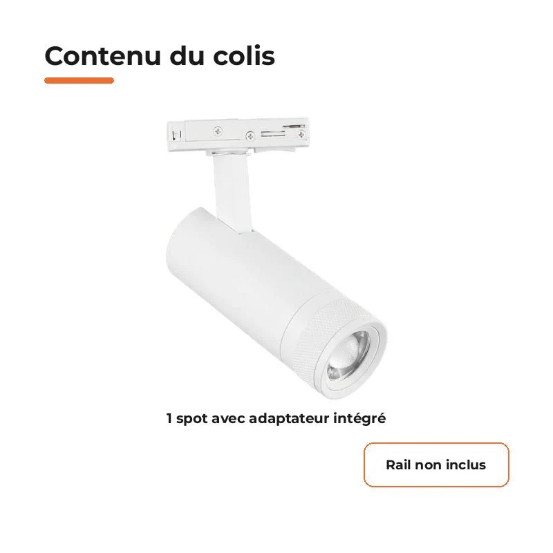 Spot LED sur Rail Blanc Angle Ajustable Monophasé 30W 15-60° CCT TRIAC Dimmable - 3000K/4000K/6000K