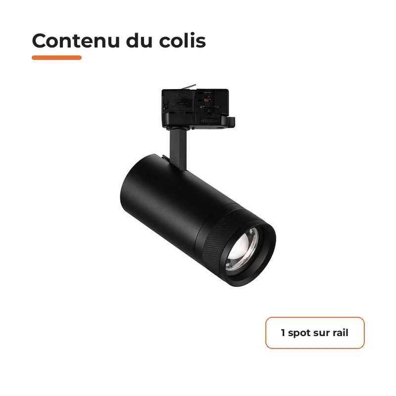 Spot LED sur Rail Noir Angle Ajustable Triphasé 30W 15-60° CCT TRIAC Dimmable - 3000K/4000K/6000K