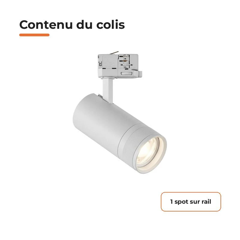 Spot LED sur Rail Blanc Angle Ajustable Triphasé 30W 15-60° CCT TRIAC Dimmable - 3000K/4000K/6000K