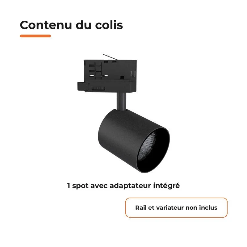 Spot LED sur Rail Noir Triphasé 24W 36° TRIAC Dimmable