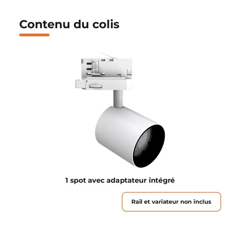 Spot LED sur Rail Blanc Triphasé 24W 36° TRIAC Dimmable