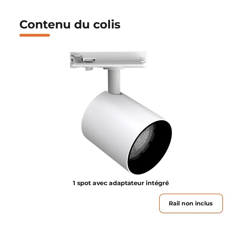 Spot LED sur Rail Blanc Monophasé 24W 36° TRIAC Dimmable