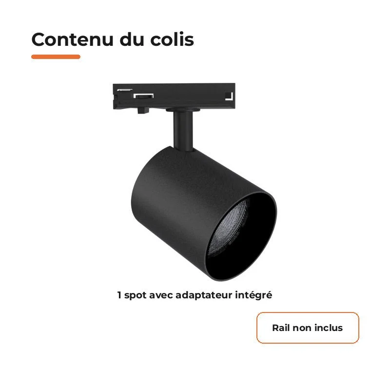 Spot LED sur Rail Noir Monophasé 24W 36° TRIAC Dimmable