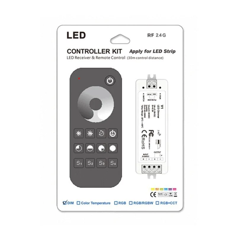 Kit Contrôleur LED Monocouleur RF 5-36V DC Max 8A avec Télécommande - Noir