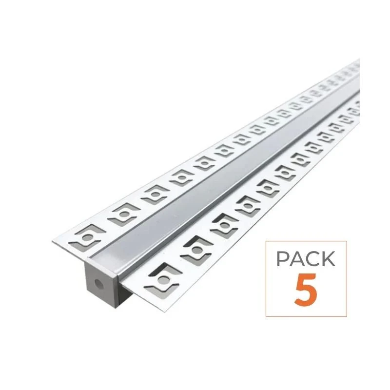 Profilé Aluminium encastré 2m pour Ruban LED Double Couvercle Blanc Opaque - Pack de 5