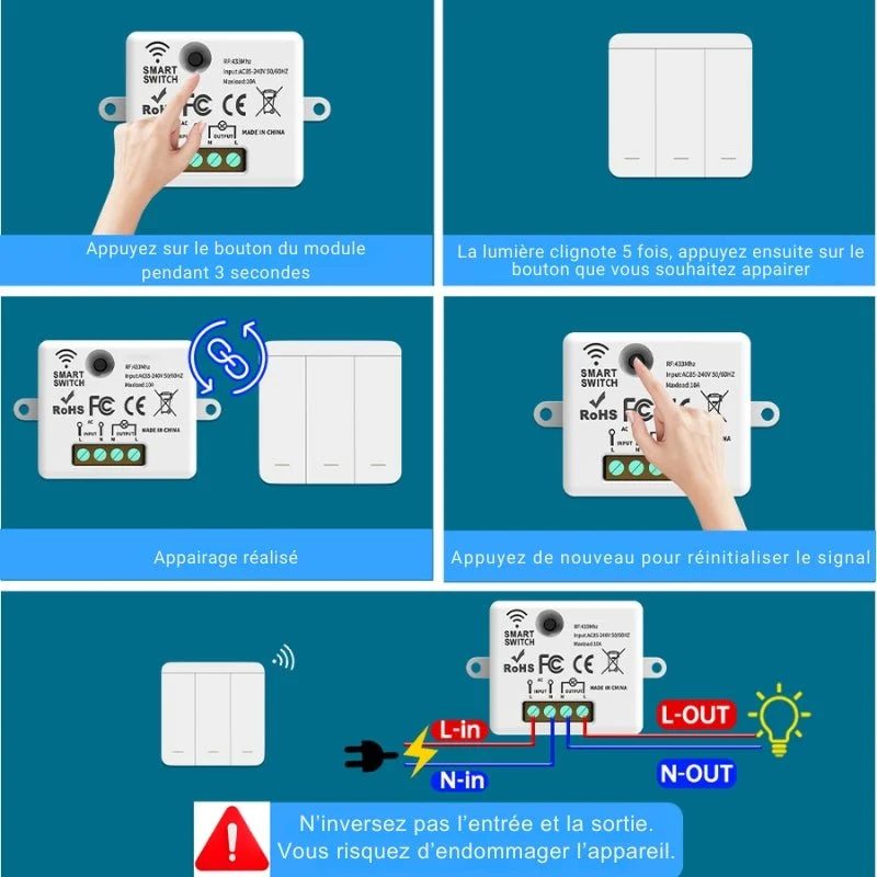 Interrupteur Mural sans Fil Bouton Double avec 2 Récepteurs 220V 10A