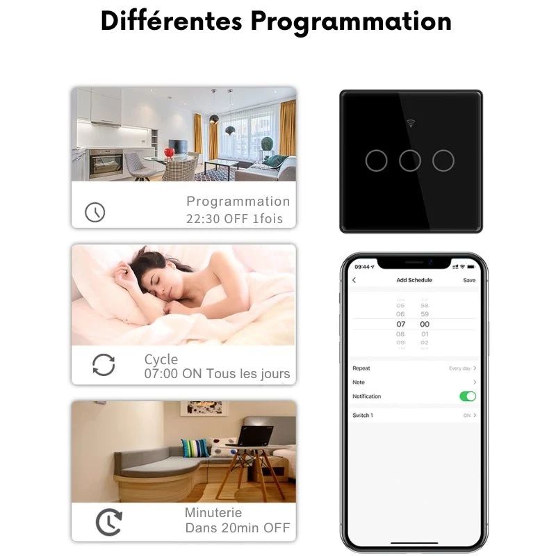 Interrupteur Mural Simple Connecté Wifi Tactile NOIR - Silumen Home