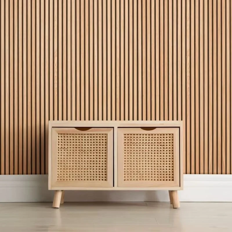 Lot de 8 Panneaux Acoustiques Muraux - Tasseaux Finition Chêne Blanc - Fond Noir - 240x60x2,2cm