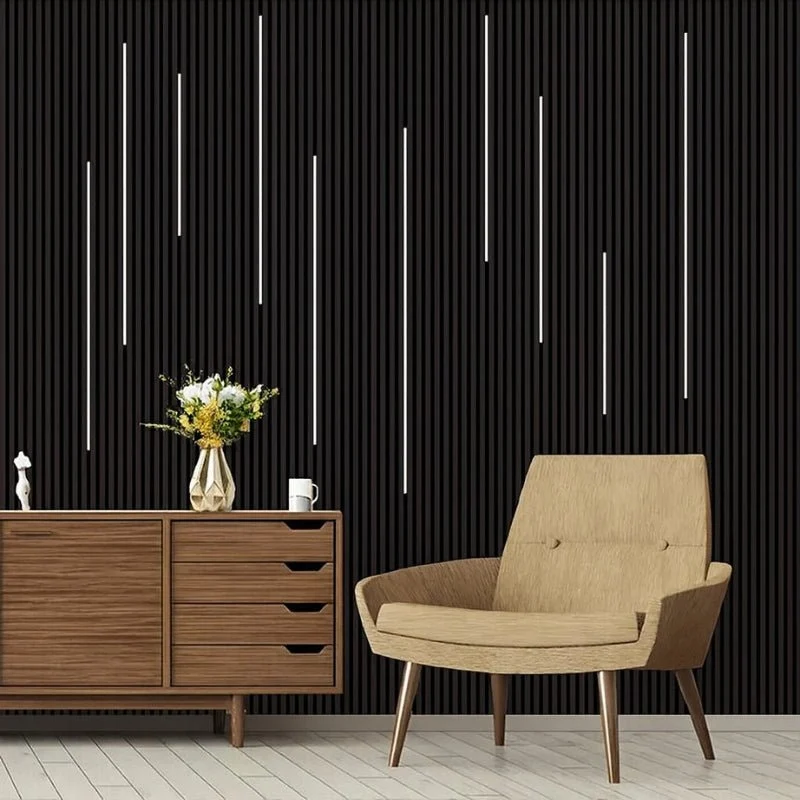 Lot de 8 Panneaux Acoustiques Muraux Bois 240x60x2,2cm - Couleur Noir avec Fond Noir