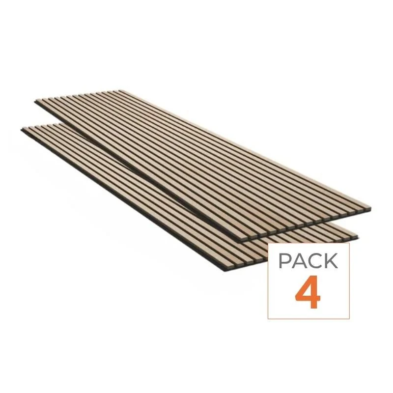 Lot de 4 Panneaux Acoustiques Muraux - Tasseaux Finition Chêne Blanc - Fond Noir - 240x60x2,2cm