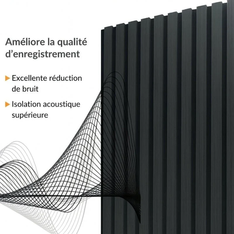 Lot de 4 Panneaux Acoustiques Muraux Bois 240x60x2,2cm - Couleur Noir avec Fond Noir