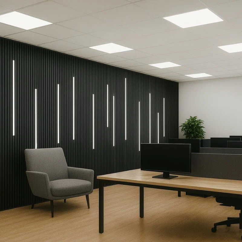 Lot de 4 Panneaux Acoustiques Muraux Bois 240x60x2,2cm - Couleur Noir avec Fond Noir