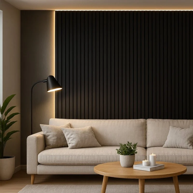 Lot de 2 Panneaux Acoustiques Muraux Bois 240x60x2,2cm - Couleur Noir avec Fond Noir