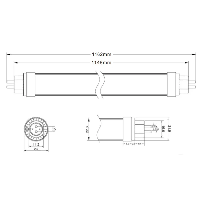 Tube LED 115cm T5 18W 140lm/W Connexion 1 Côté