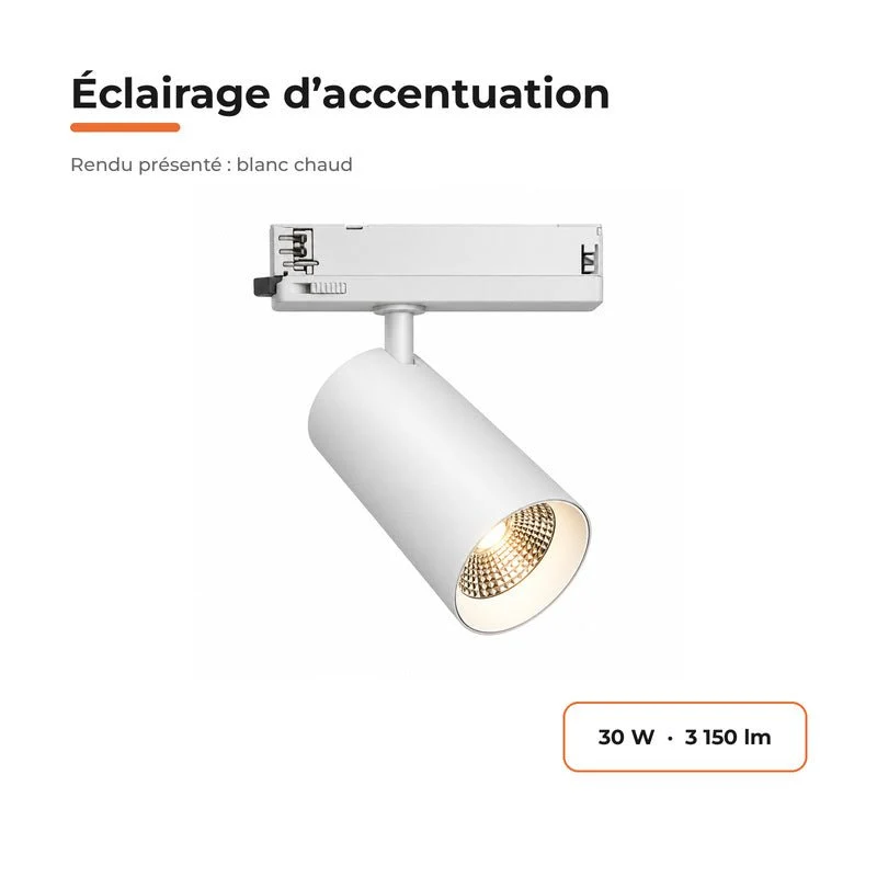 Spot LED sur Rail COB Triphasé 30W 36° Blanc - Garantie 5 ans