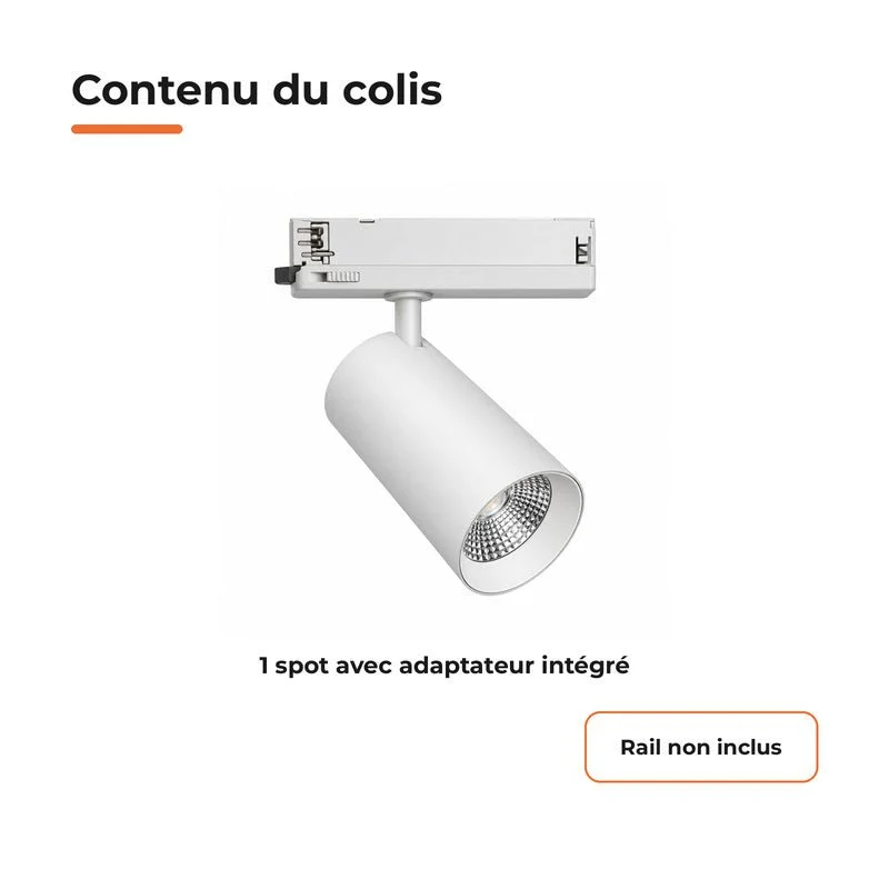 Spot LED sur Rail COB Triphasé 30W 36° Blanc - Garantie 5 ans
