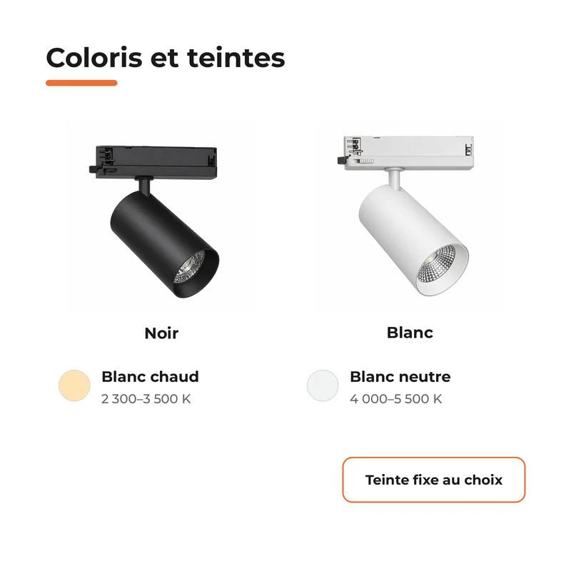 Spot LED sur Rail COB Triphasé 30W 36° Noir - Garantie 5 ans