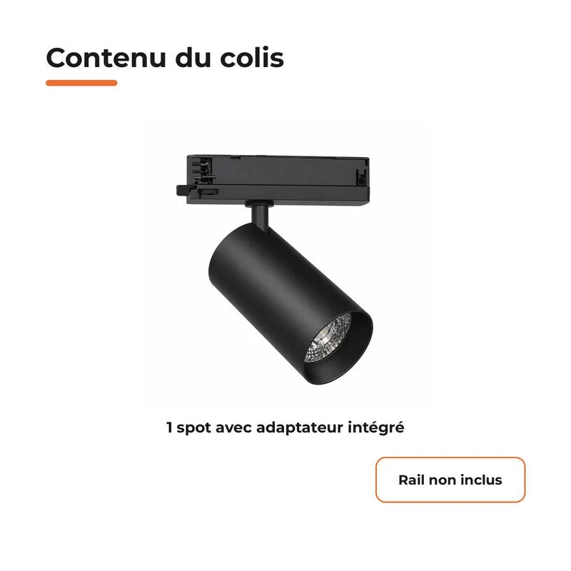 Spot LED sur Rail COB Triphasé 30W 36° Noir - Garantie 5 ans
