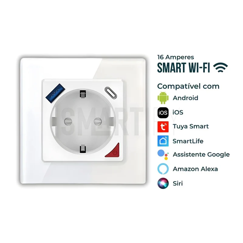 Tomada Inteligente Embutida 16A 3500W WiFi + USB-C e USB-A Smartify - Branco