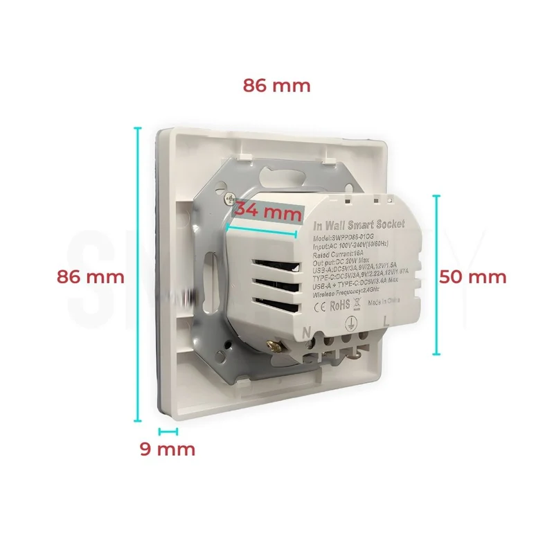 Tomada Inteligente Embutida 16A 3500W WiFi + USB-C e USB-A Smartify - Branco