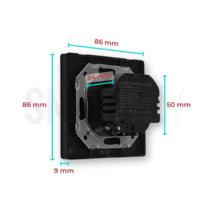 Tomada Inteligente Embutida 16A 3500W WiFi + USB-C e USB-A Smartify - Preto