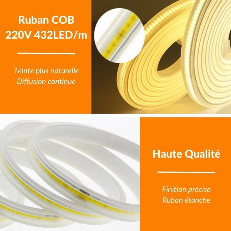 Ruban LED COB 220V IP65 432LED/m (vendu sur mesure au mètre)