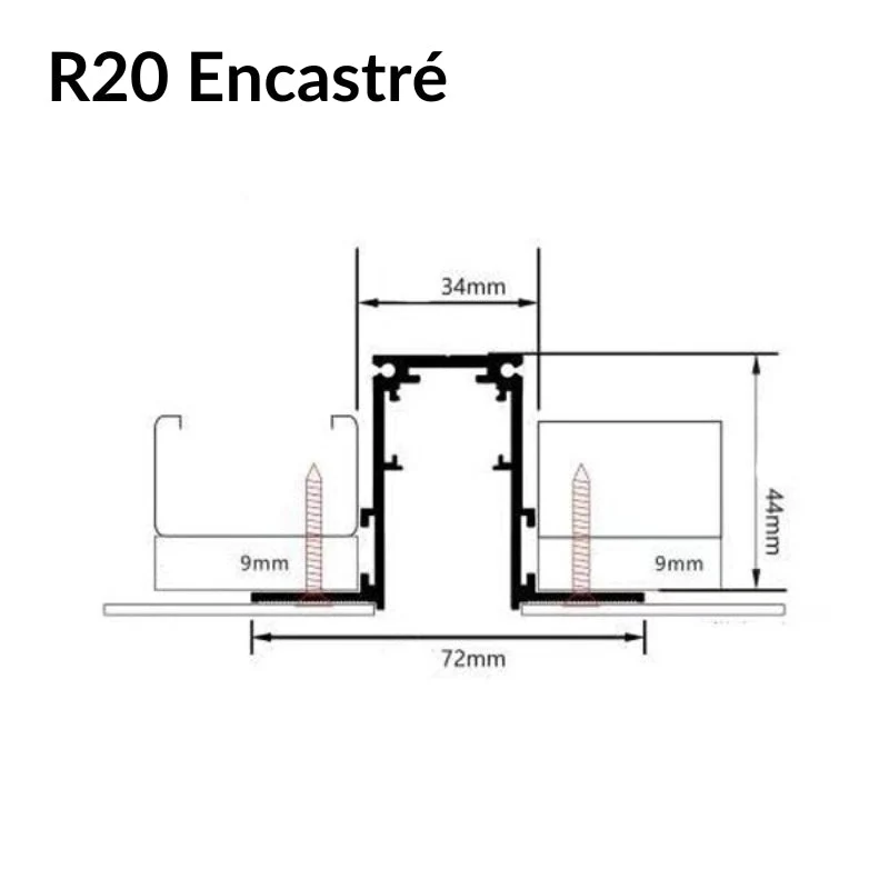 Rail Magnétique Encastré 48V 2m NOIR pour Enduit