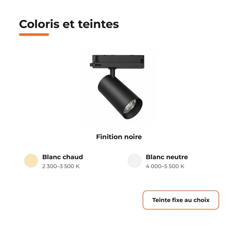 Spot LED sur Rail COB Triphasé 20W 36° Noir - Garantie 5 ans