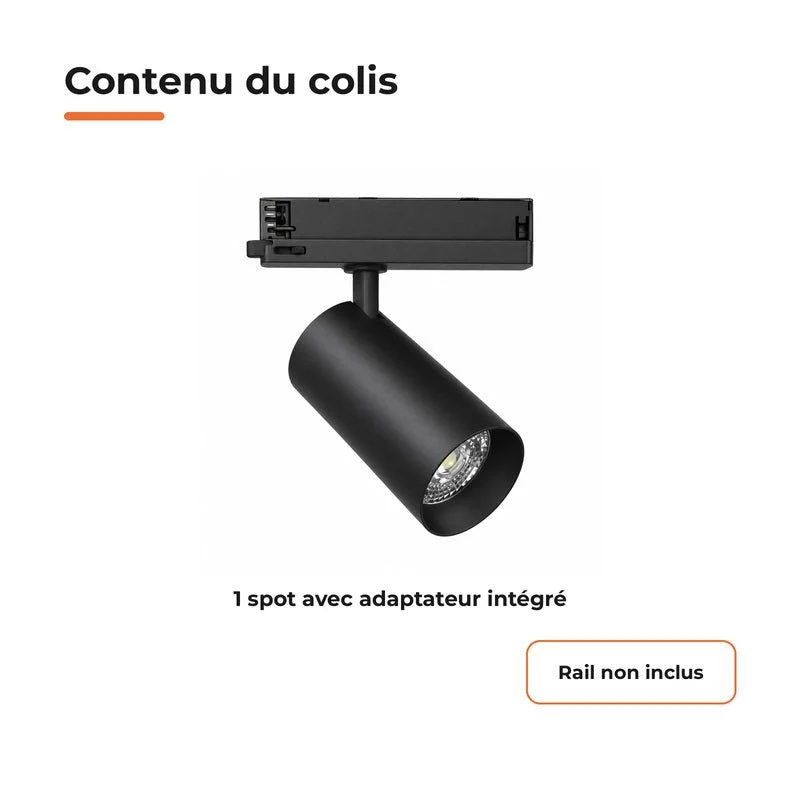 Spot LED sur Rail COB Triphasé 20W 36° Noir - Garantie 5 ans