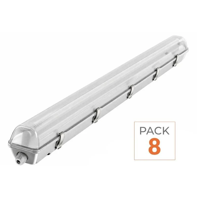 Pack de 8 - Kit de Réglette LED étanche Double IP65 + 2 Tubes T8 120cm 18W