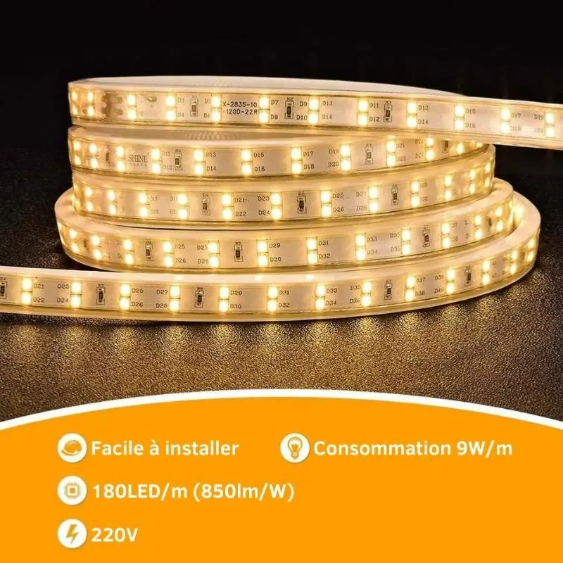 Ruban LED 50M 220V Fin Recoupable Double Rangée 9W/m IP65 2835 180LED/m