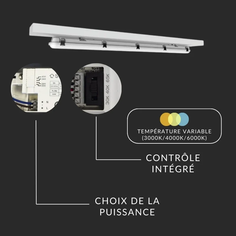 Réglette LED 120cm Étanche CCT 22/28/34/40W avec détecteur - 3000K/4000K/6500K - Pack de 6