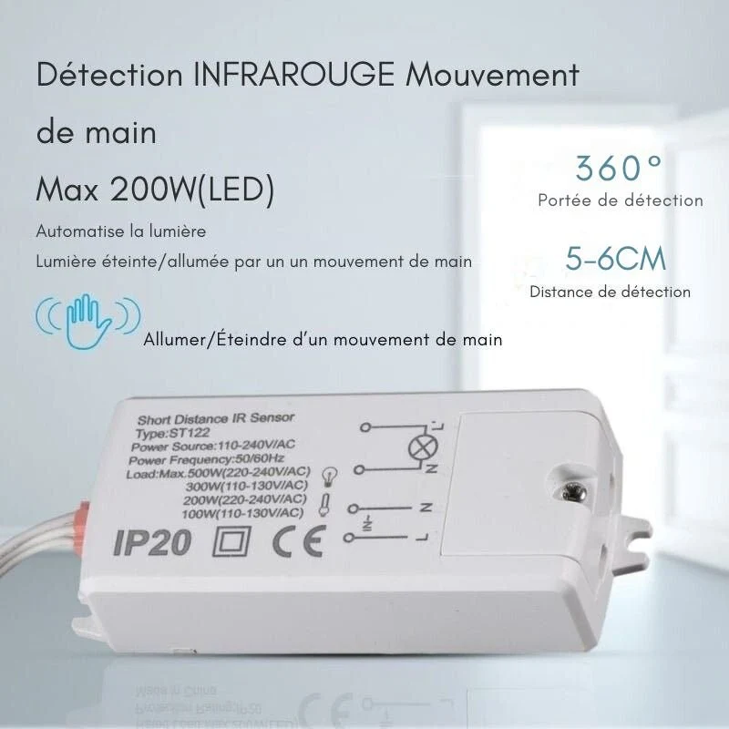 Mini Détecteur de Mouvement ON/OFF Infrarouge à Encastrer 200W max