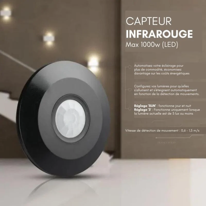 Détecteur de Mouvement en Saillie 8m 360° Noir