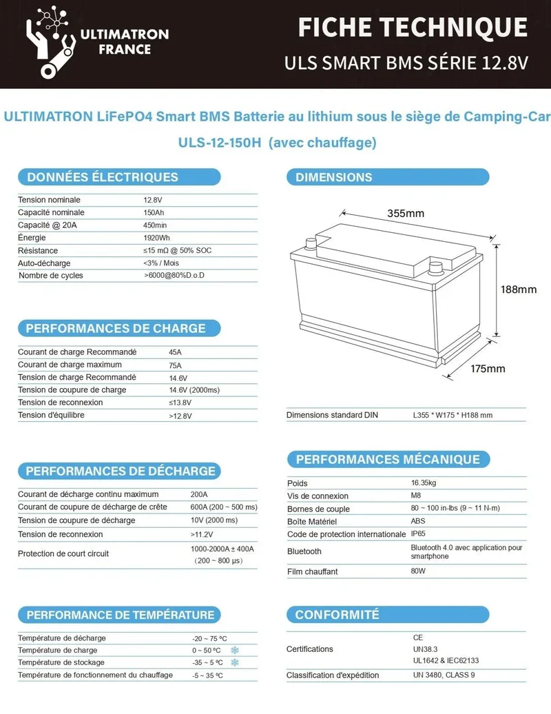 Batterie connectée Lithium LiFePO4 12V 150Ah avec chauffage de sécurité série ULS