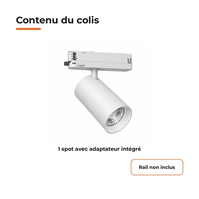 Spot LED sur Rail COB Triphasé 40W 36° Blanc Philips - Garantie 5 ans