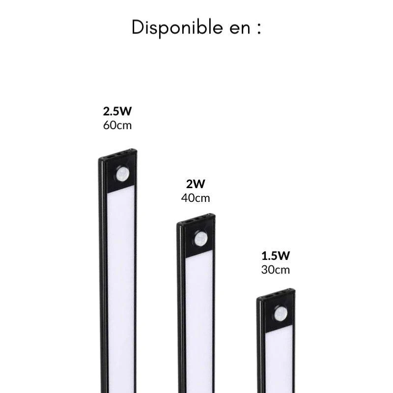 Réglette LED Rechargeable USB 60cm 2,5W Noire avec Détecteur de mouvement