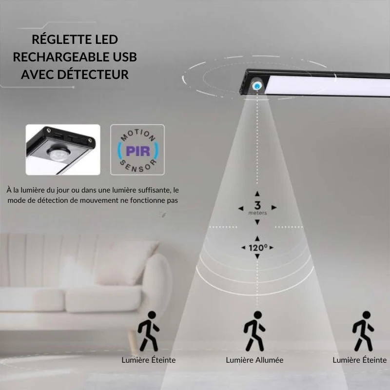 Réglette LED Rechargeable USB 30cm 1,5W Noire avec Détecteur de mouvement