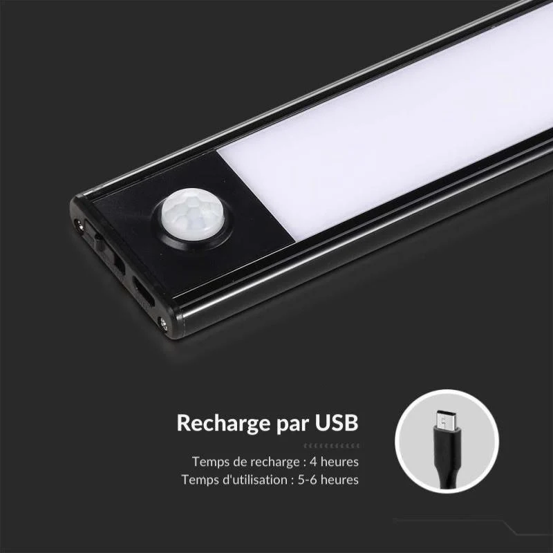 Réglette LED Rechargeable USB 30cm 1,5W Noire avec Détecteur de mouvement
