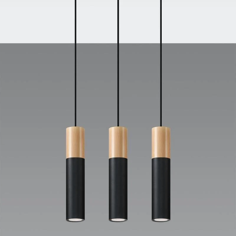 Suspension 3 Lampes Bois Noir pour Ampoules GU10