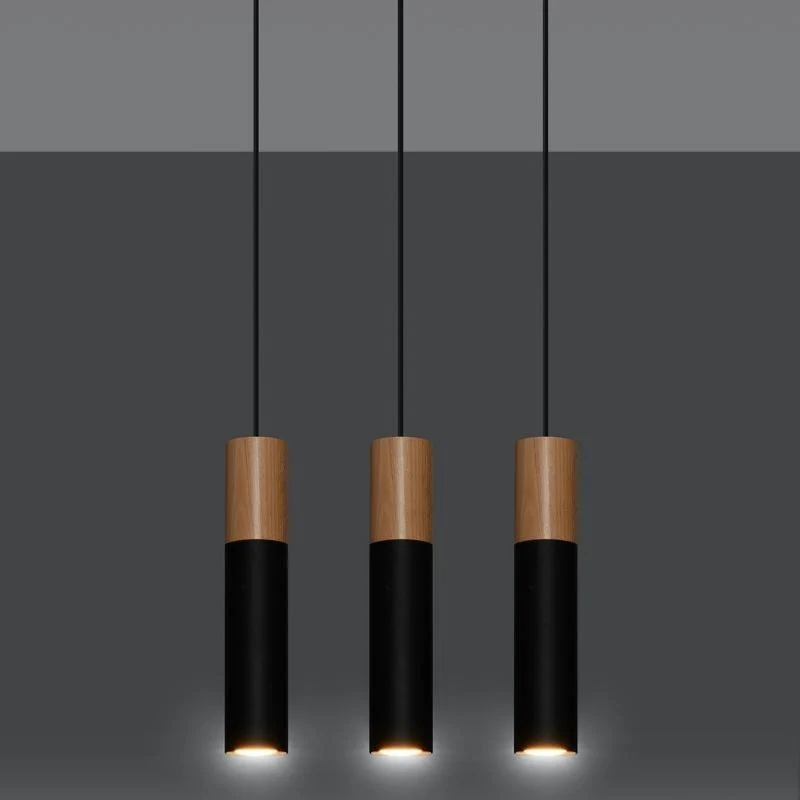 Suspension 3 Lampes Bois Noir pour Ampoules GU10