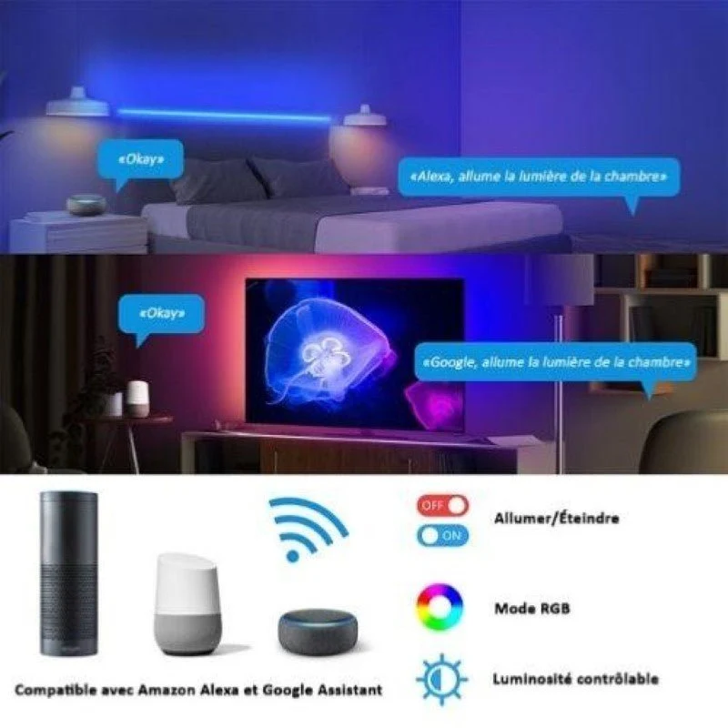 Ruban LED WiFi RGB 5M 12V 5050 IP20 30LED/m